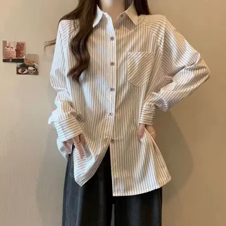 法式港风chic条纹衬衫女春秋季百搭宽松显瘦韩版长袖衬衣外套潮图片