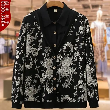 加肥加大码中年胖妈妈秋装假两件上衣中老年女装洋气遮肚长袖T恤商品大图