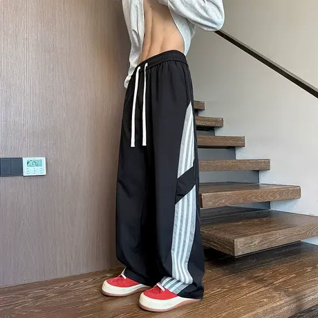 美式复古侧边条纹裤子男春秋季新款直筒宽松阔腿裤撞色设计感长裤商品大图