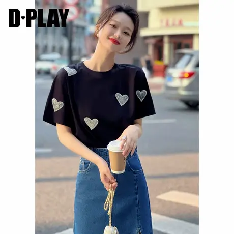DPLAY夏德帕拉重工镶钻蝴蝶结T恤黑色宽松舒适女上衣商品大图