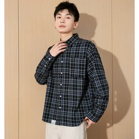 唐狮春季新款长袖衬衫男日系港风宽松衬衣青少年格子衬衫外套TM图片