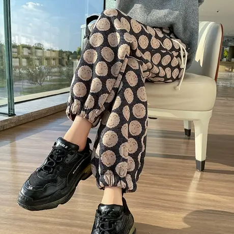 毛呢印花束脚哈伦裤女冬季新款小个子高腰显瘦宽松羊绒运动卫裤子图片