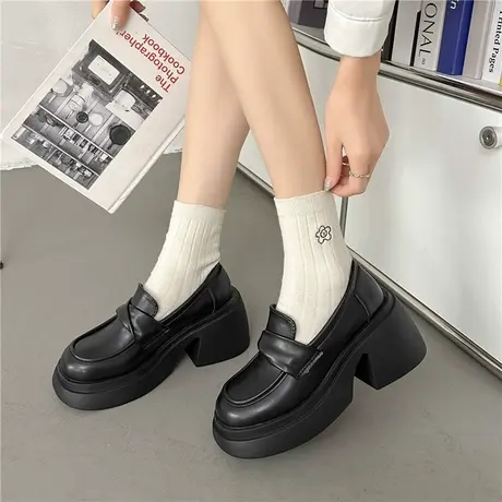 高跟小皮鞋女春秋季2023年新款一脚蹬粗跟厚底复古英伦风乐福单鞋商品大图