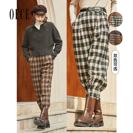 Oece冬装新款女装 复古高腰裤子时尚搭配格子小脚裤秋休闲裤图片