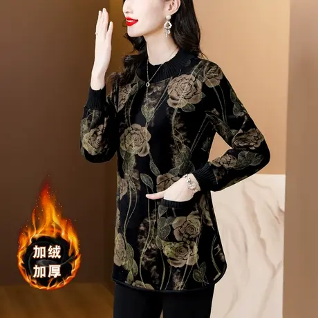 时尚加绒加厚打底衫女2023冬季新款中年妈妈装大码胖MM遮肉女上衣商品大图