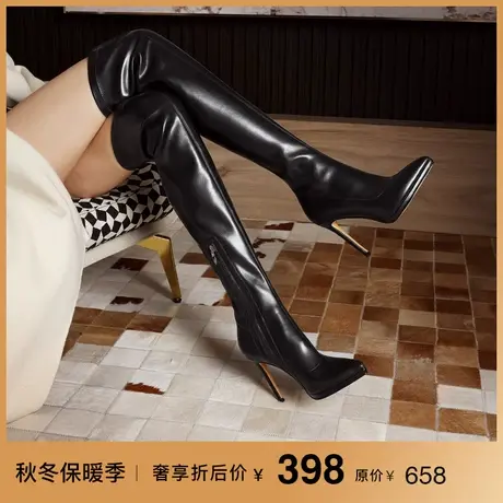 熙漫2023秋冬新款尖头细跟性感过膝靴防水台气质加绒黑色长靴女靴图片