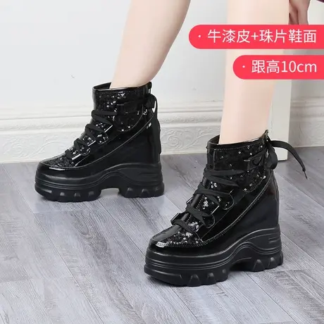内增高马丁靴女英伦风短靴绑带高帮运动真皮高跟10CM厚底机车单靴图片
