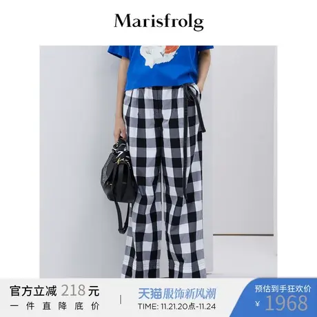 【会员秒杀】/玛丝菲尔纯棉格子休闲裤女装春季新款宽松阔腿裤图片