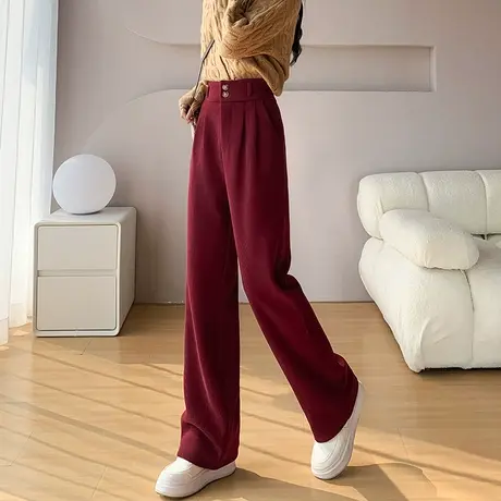 酒红色雪尼尔阔腿裤女秋冬季加绒高腰垂感宽松休闲直筒灯芯绒裤子商品大图