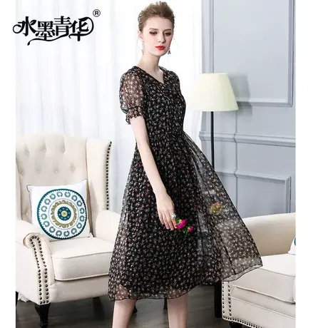 【1件7.9折】 夏装新品时尚V领修身显瘦短袖中长款印花连衣裙图片