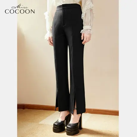 missCOCOON黑色裤子女2023新款春季高腰显瘦垂感休闲开叉微喇长裤图片