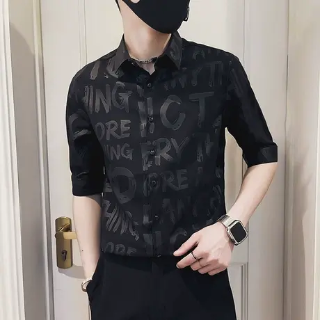 痞帅字母衬衫男装短袖修身半袖寸衫2022新款高级感潮牌中袖衬衣商品大图