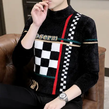 半高领毛衣男士秋冬季加厚潮牌水貂绒针织衫格子青少年保暖毛线衣商品大图