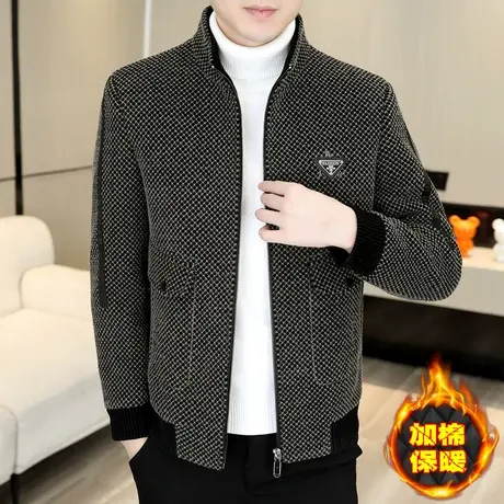 立领高档男装加厚外套秋冬季潮流休闲成熟稳重加棉毛呢貂绒夹克商品大图