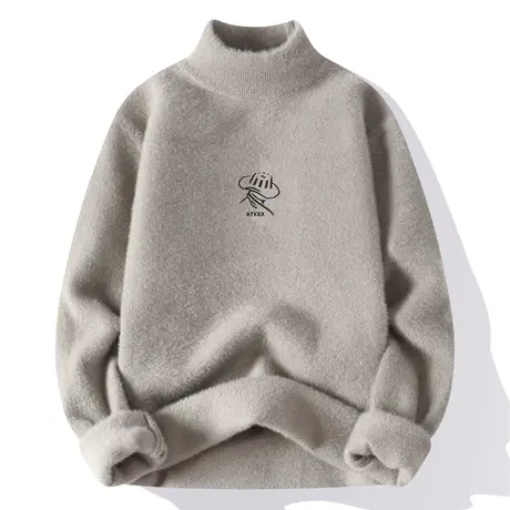 秋冬季水貂绒半高领毛衣男宽松潮流个性青少年加厚保暖男士打底衫商品大图