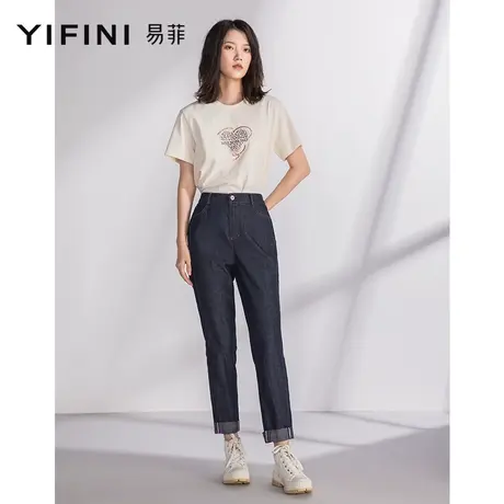 Yifini/易菲高腰直筒老爹裤牛仔裤女春秋新款百搭休闲长裤子商品大图
