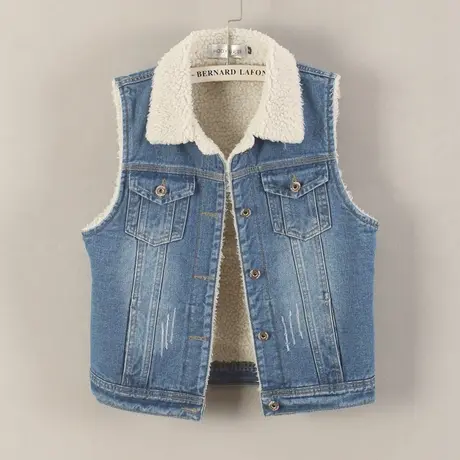 秋冬新款加厚加绒羊羔毛牛仔马甲女修身短款棉马夹背心无袖坎肩商品大图