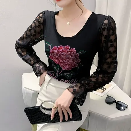 蕾丝拼接打底衫女长袖内搭秋装重工烫钻洋气T恤时尚圆领修身上衣商品大图