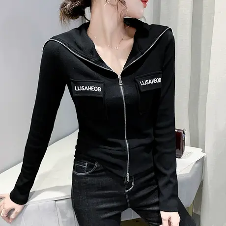 大翻领卫衣女春秋时尚拉链开衫短款外套小众设计感洋气长袖上衣潮商品大图