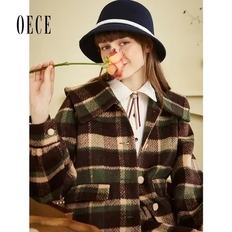 Oece冬装新款女复古英伦格子短款毛呢大衣呢子外套图片