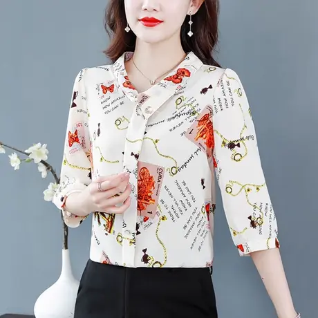 短袖雪纺衬衫女夏季欧货2023碎花上衣甜美别致设计感小众七分中袖图片