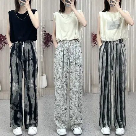 冰丝薄款阔腿裤女夏高腰垂感宽松休闲直筒新中式水墨印花扎染裤子商品大图