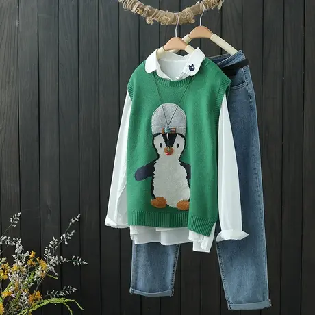 春装2022年新款圆领套头针织马甲背心女卡通提花外穿无袖毛衣坎肩商品大图