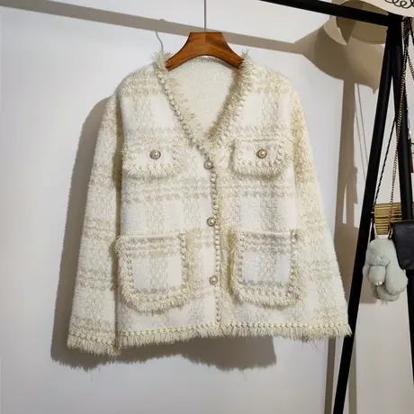 小香风毛衣开衫外套女秋冬新款仿水貂绒宽松v领名媛气质针织上衣商品大图