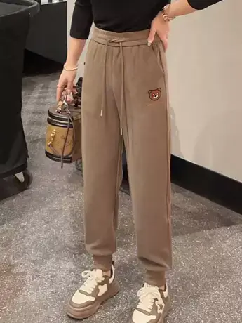 休闲运动裤女2023秋季款束脚裤高腰宽松显瘦长裤小熊刺绣纯色卫裤商品大图