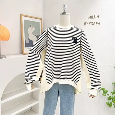 2023早春新款上衣韩国东大门A字版衬衫拼接卫衣时髦设计感遮屁股图片