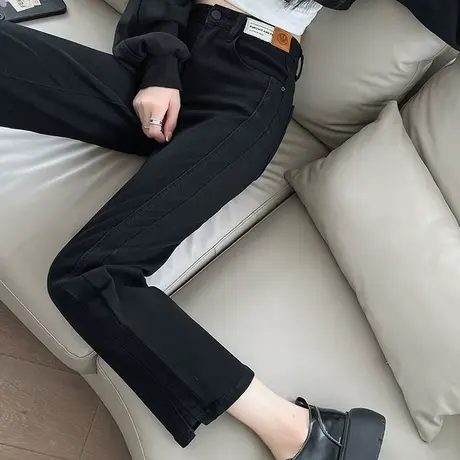 加绒牛仔裤女直筒宽松秋冬加厚高腰显瘦九分开叉黑色小个子烟管裤商品大图