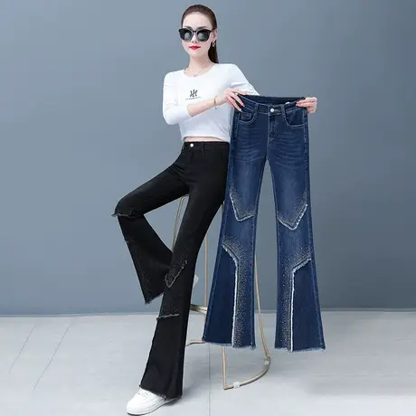毛边牛仔微喇叭裤女高腰2024年春季新款时尚百搭鱼尾裤拼接马蹄裤商品大图