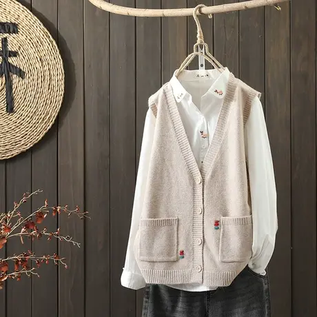 枫谜2021年秋装新款文艺简约针织V领马甲女宽松口袋针织无袖毛衣图片