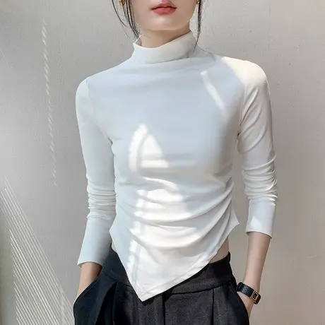 法式半高领长袖T恤女2023早秋新品不规则设计感小众上衣棉打底衫图片