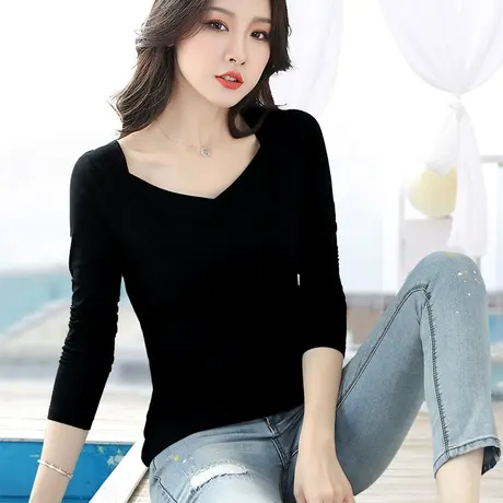 黑色长袖打底衫女内搭外穿2024年春秋季女装修身百搭纯棉大码t恤商品大图