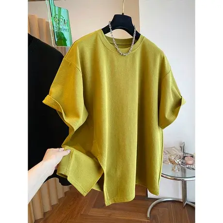 2023春夏新款下摆开叉t恤女短袖宽松休闲纯棉内搭圆领打底衫上衣商品大图