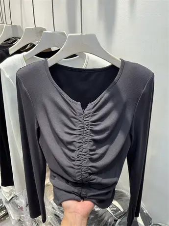 灰色双拉链针织开衫小圆领褶皱长袖女2023早秋新款上衣时髦打底衫商品大图