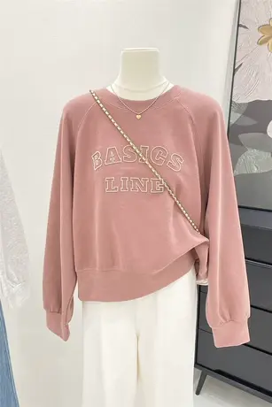 植绒字母长袖卫衣女2023年秋季新款韩系简约宽松大码圆领休闲上衣图片