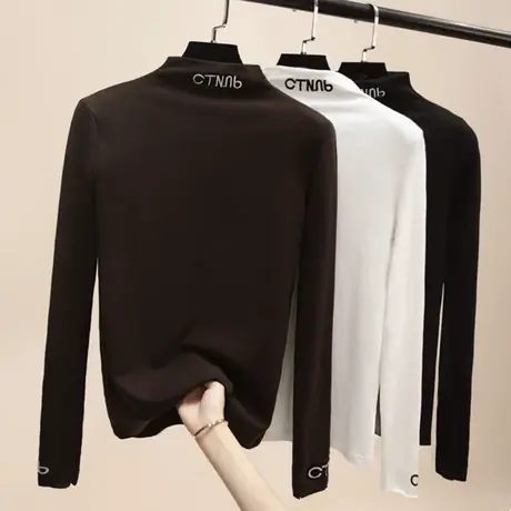 半高领内搭洋气百搭白色长袖t恤加绒上衣秋冬加厚德绒打底衫女装商品大图