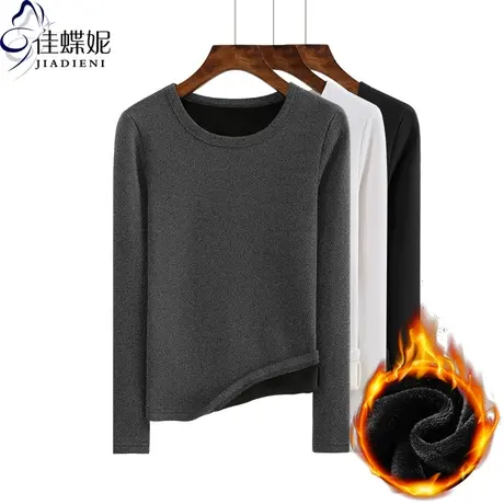 冬新款韩版圆领加绒保暖加厚纯棉长袖修身体恤打底衫女上衣T恤商品大图