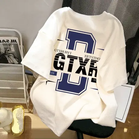 美式复古t恤女大码oversize高街风情侣短袖ins潮纯棉夏季白色上衣商品大图
