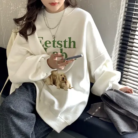 oversize大码韩系慵懒风加绒卫衣女ins潮白色简约秋冬季宽松上衣商品大图