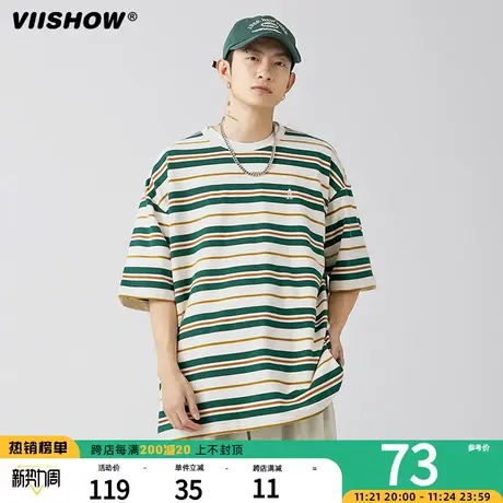 VIISHOW日系潮牌条纹圆领短袖T恤男夏季宽松情侣百搭半袖tee图片