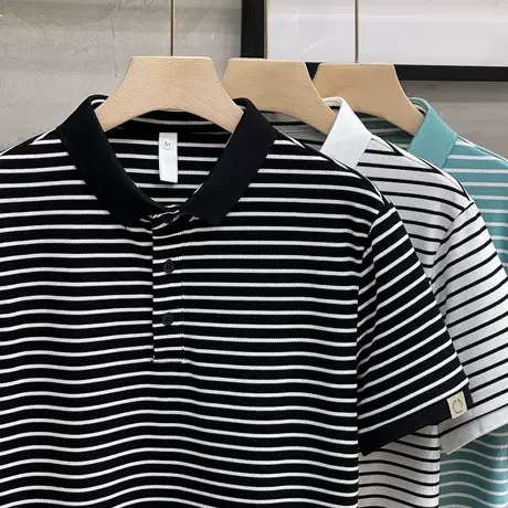 夏季薄款POLO衫男士休闲条纹翻领短袖t恤新款潮流宽松保罗衫上衣商品大图