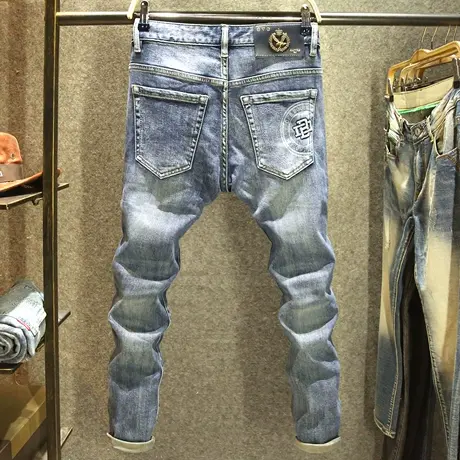 秋冬新款高端轻奢牛仔裤男后袋立体压胶烫印裤子潮牌修身小脚长裤商品大图