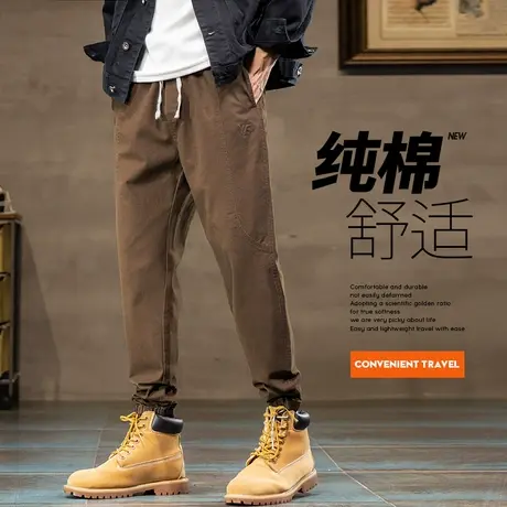 男生束脚纯棉休闲裤子男士春季松紧腰美式工装春秋款小脚男装春天商品大图
