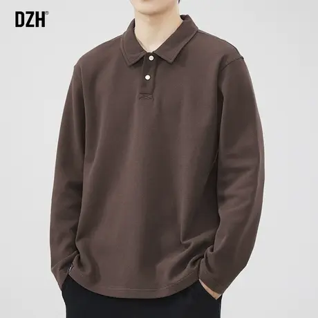 男士棕色翻领polo衫男长袖美式高级感男装2023新款重磅t恤春秋季商品大图
