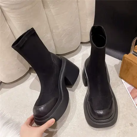 瘦瘦靴子女2024年新款秋冬弹力袜靴中筒厚底增高短靴英伦风马丁靴商品大图