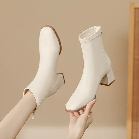 黑色短靴女2024新款秋冬后拉链短筒靴子粗跟高跟显瘦马丁靴瘦瘦靴商品大图