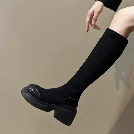 长筒靴女2023新款秋冬长靴子厚底高跟弹力布袜子靴瘦瘦高筒骑士靴图片